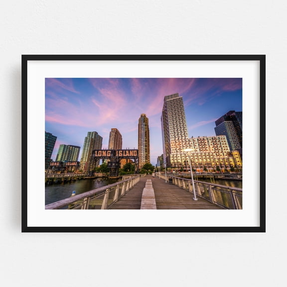 Gantry Plaza - Queens New York Photography Cityscape Skyline Architecture Boardwalk Harbor Sunset Travel Poster Black Framed Wall Art Print 5 x 7 inches