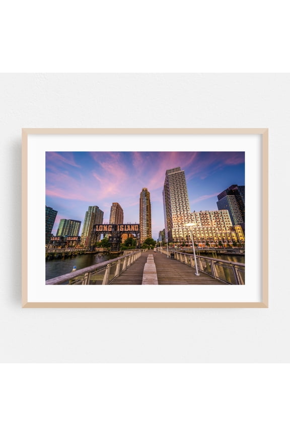 Gantry Plaza - Queens New York Photography Cityscape Skyline Architecture Boardwalk Harbor Sunset Travel Poster Oak Framed Wall Art Print 5 x 7 inches