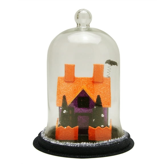 Ganz 9.75" Prelit LED Haunted House with Bat Halloween Cloche Decoration - Clear/Orange