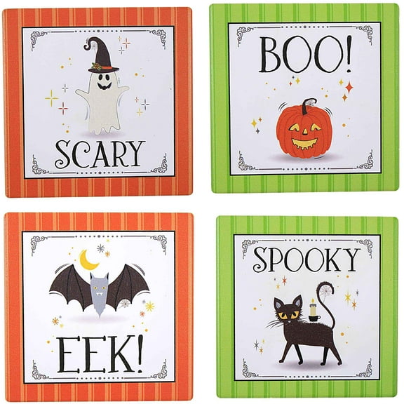 Ganz Halloween Coaster Set - Four Coasters 4 Inch, Ceramic - Black Cat Ghost Bat Mh190294