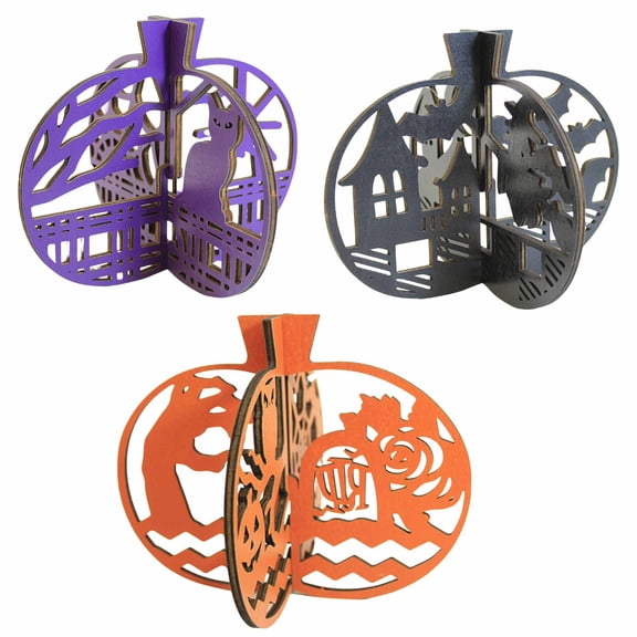 Ganz Laser Cut Pumpkins - Three Laser Cut Pumpkins 5.5 Inch, Wood - Owl Spider Web Bats Cat Eh70570