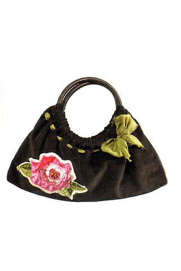 Maggi B Soft Touch Velour Black & Rose Appliqu Clutch Bag