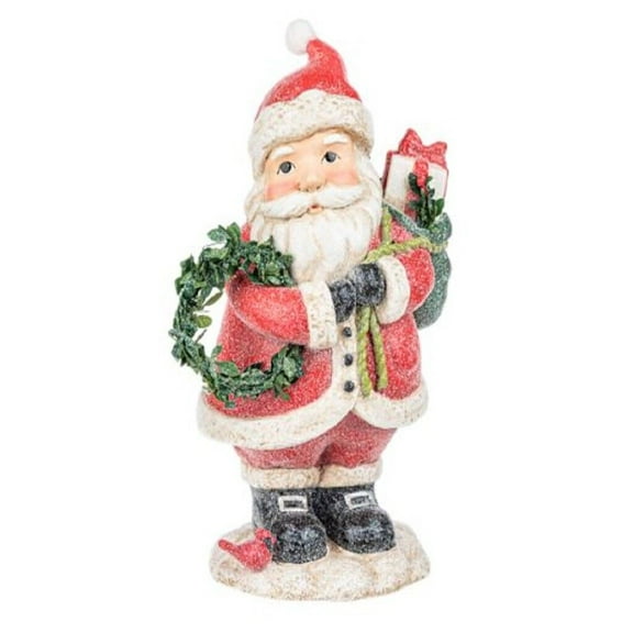 Ganz Glittery Santa With Cardinal Figurine - One Santa Figurine 10.25 Inch, Polyresin - Red Bird Presents Wreath Mx187406
