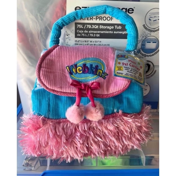 Ganz Webkinz Plush Pet Carrier Purse Blue Pink Pom Poms With Webkinz Code New (BONUS 1 WEBKINZ PACK)