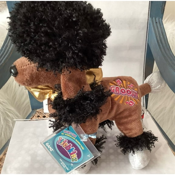 Ganz Webkinz - ROCKERZ Groovy Poodle 11" Plush Brown Black Gold Scarf Poodle (NEW WITH SEALED CODE)(BONUS 1 FUN CHOPS & 1 ZIPPEER BRACELET)