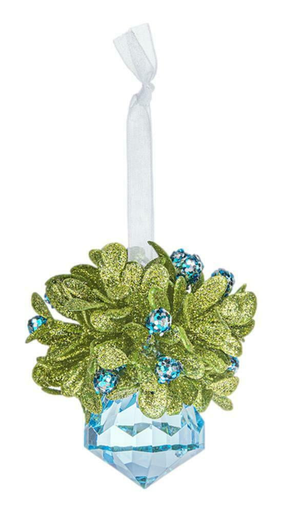 Blue and Green Glitter Mistletoe Jewel Ornament, 2.75 Inches