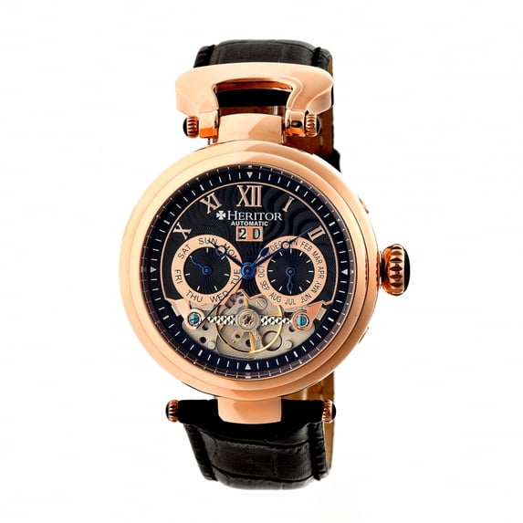 Ganzi Semi-Skeleton Leather-Band Watch - Rose Gold/Black
