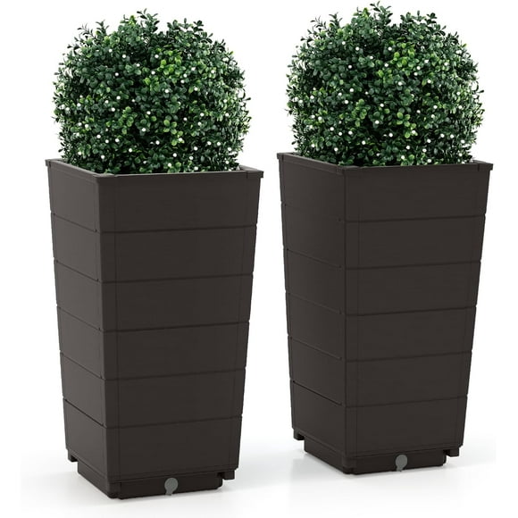 GaoJ Set of 2 Outdoor Flower Pot, 23" Tall Planters with Drainage Hole, Self-Watering Tray, PP Flower Pots, Indoor Outdoor Decoration for Front Porch Balcony Entryway Door (Dark Brown)