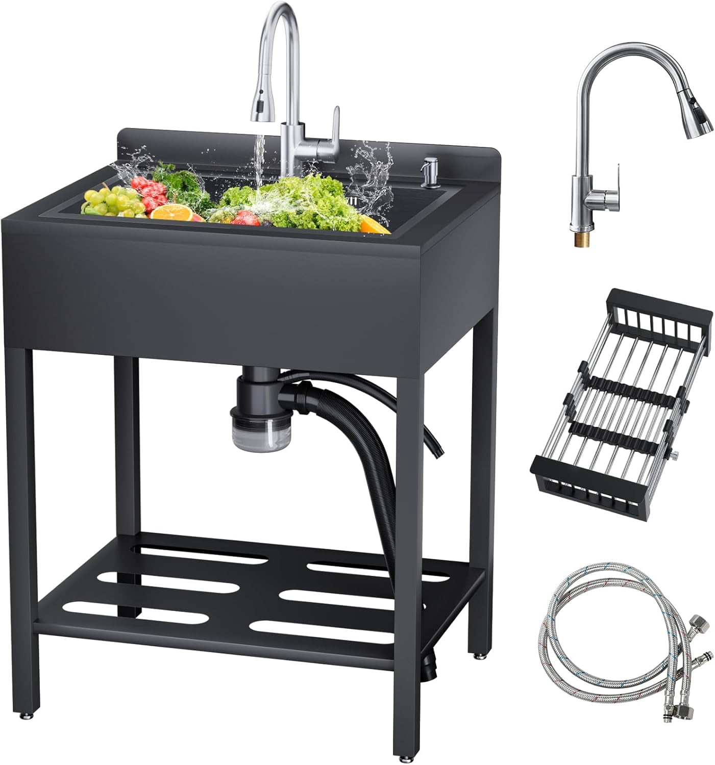 Gaonala 25.6in Stainless Steel Single Bowl Utility Sink Black Freestanding with Hoses Drain Kit for Bathroom Office