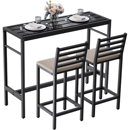 Gaonala 3 Piece Outdoor Patio Bar Set 50" Rectangular High Top Table with 2 Cushioned Stools Metal for Poolside Backyard(Black)