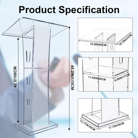 Gaonala 42.5 inch Clear Acrylic Podium Stand 4 Wheels 15 Color Light Storage Shelf for Church Classroom Office