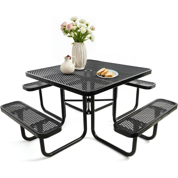 Gaonala 46" Square Outdoor Picnic Table Set 4 Built-in Benches Umbrella Hole Metal Commercial Grade Seats 8 for Garden Backyard (Black)