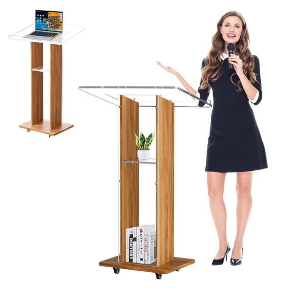Gaonala 46in Acrylic Wood Podium 10MM Thick Top Double Shelves for Church Classroom Office School