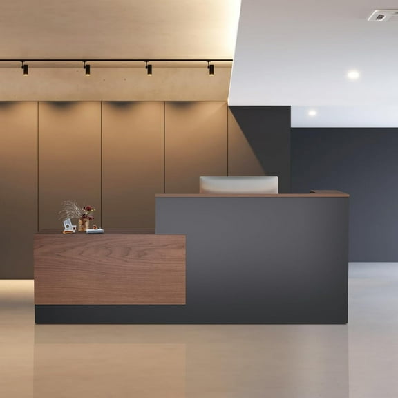 Gaonala 87IN Modern Wooden Commercial L Shaped Reception Desk with Counter Lockable Drawers for Office School Lobby Right Cabinet Walnut brown Color