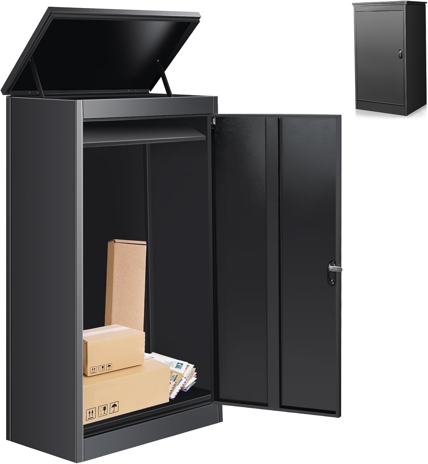 Gaonala Outdoor Package Delivery Box 20.8"x16.5"x33.4" Anti Theft Steel Mailbox with Lock IPX3 Waterproof for Porch Curbside(Black)