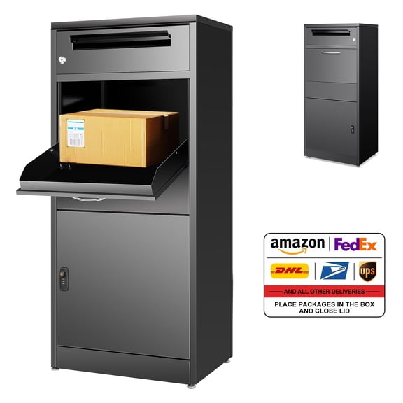 Gaonala Steel Package Delivery Box 19.6x14.4x44.9in Lockable Anti-Theft Weather-Resistant Extra Large Mailbox For Porch Curbside Black
