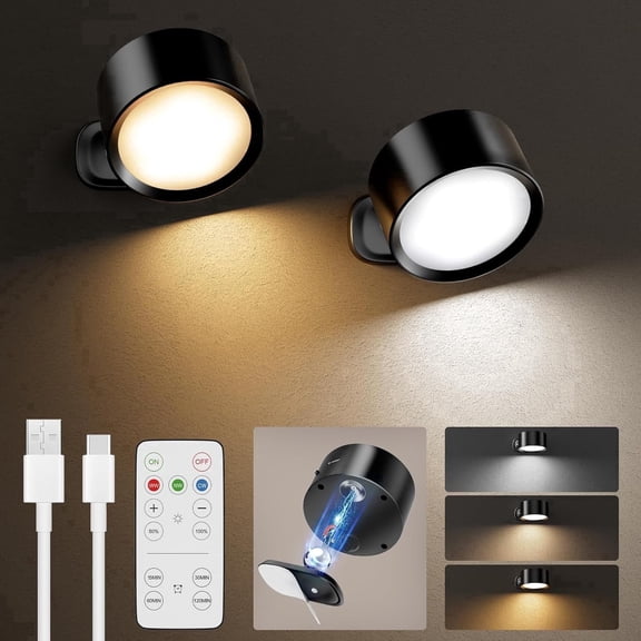 Gaormii 2-Pack Rechargeable LED Wall Sconce, Cordless Battery Operated Light with Remote, 3 Color Dimmable 360 Rotatable Magnetic Lamp for Bedroom, Living, Closet