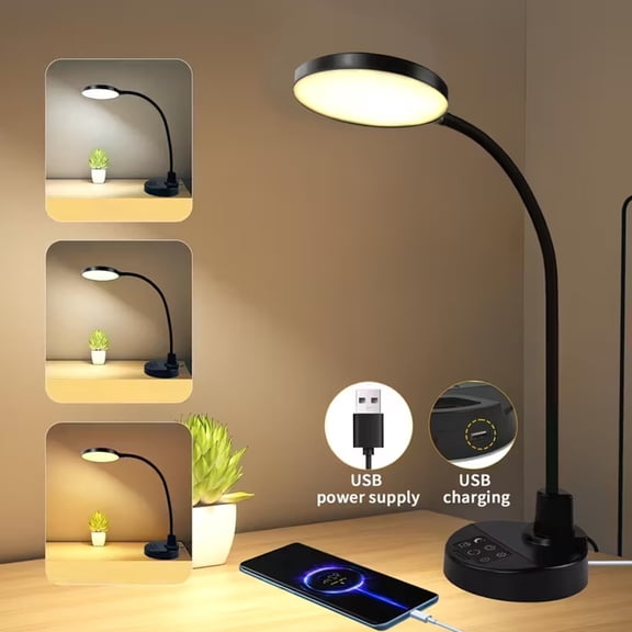 Gaormii LED Reading Light with USB Port for Study, 3 Color Modes 5 Brightness & 4 Auto-Off Timers, Flexible Gooseneck Desk Lamp for bedroom, dorm, office, Black