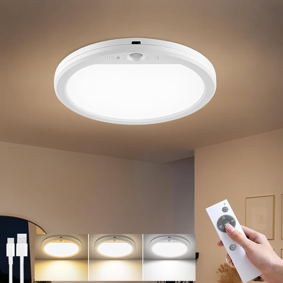 Gaormii Magnetic LED Ceiling Light, Motion Sensor Rechargeable Under Cabinet Light with Remote, 3 Color Temperatures & Dimmable, Universal Lighting for Bedroom, Stairs, Hallway, Bathroom