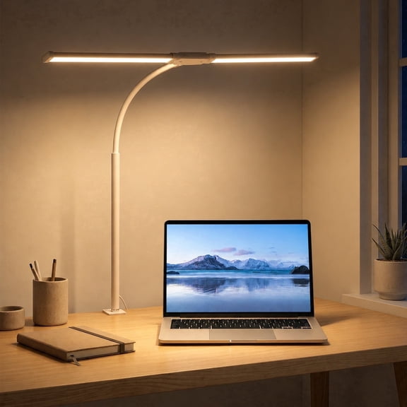 Gaormii LED Desk Lamp for Office Home, Eye-Caring Double Head Light with Clamp, 3 Lighting Modes & 10 Dimmable Brightness, Flexible Gooseneck, Reading, Study, White