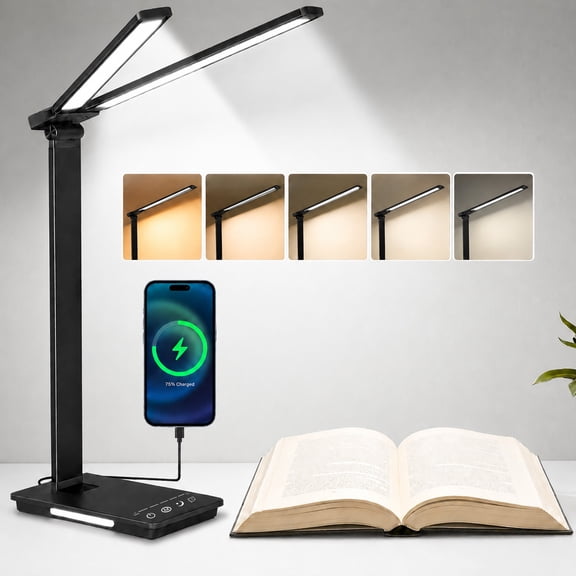 Gaormii Eye-Caring LED Desk Lamp with Auto Off Timer, Dimmable 25 Lighting Modes, Adjustable Foldable Dual Swing, USB Port and Outlet, Built-in Night Light, Desktop Lamp for Home Office, Dorm,  Black