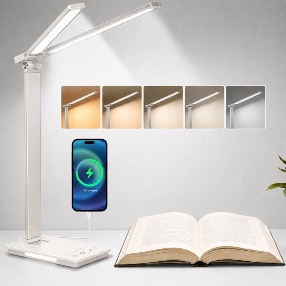 Gaormii Eye-Caring LED Desk Lamp with Auto Off Timer, Dimmable 25 Lighting Modes, Adjustable Foldable Dual Swing, USB Port and Outlet, Built-in Night Light, Desktop Lamp for Home Office, Dorm, Silver