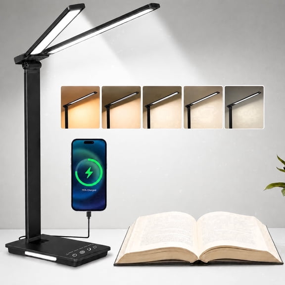 Gaormii LED Desk Lamp with USB Charging Port, 25 Lighting Modes Dimmable, Dual Swing Arm Architect Table Lamp, Built-in Night Light, Desktop Lamp for Home Office, Bedroom, Reading & Study, Black