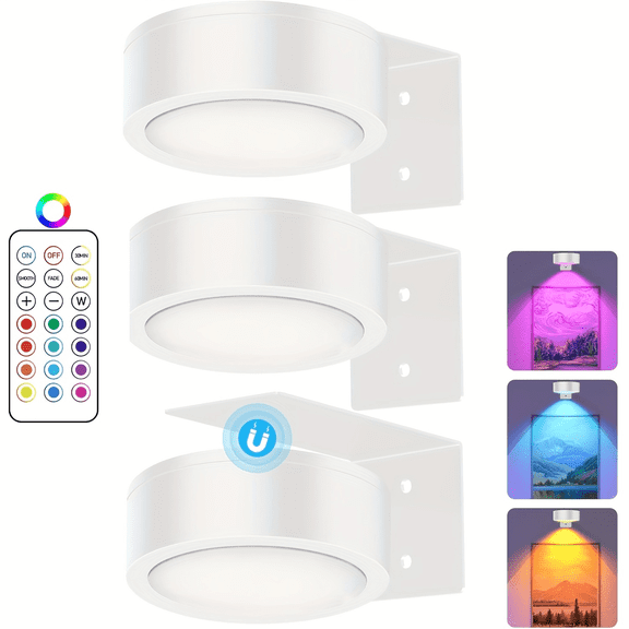 Gaormii RGB Picture Light, Battery Operated Painting Lights for Wall Wireless Magnetic Display Art Light with Remote, Controls, Dimmable&Timer for Frame Art working, 3-Pack, White