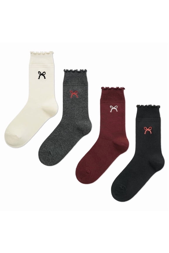 Women's 4 Pairs Ruffle Turn-Cuff Ankle Socks Soft Breathable Elegant Cute Frilly Bow Mary Jane Loafer Socks Summer Essentials