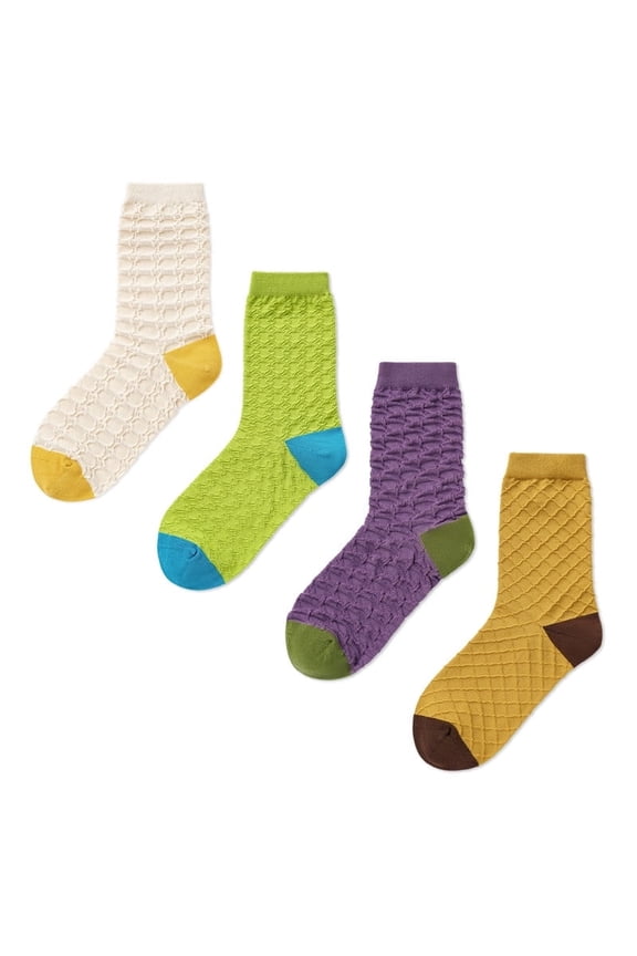 Women's Novelty Socks 4 Pairs Frilly Embossed Checkered Ankle Socks Cute & Cool(Purple, Green, Beige, Yellow)