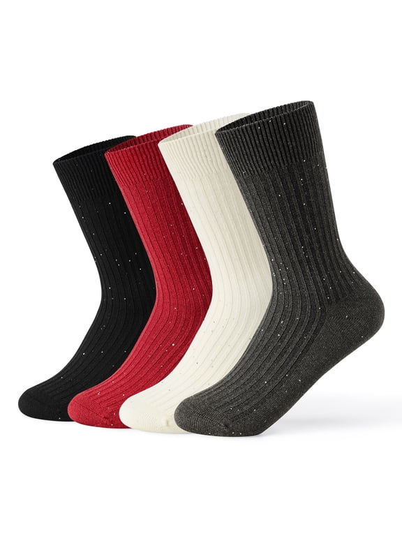 Women's Sparkly Ankle Socks 4 Pack Sequin & Crochet Detailing Ultra-Soft Crew Socks Vintage Socks(Black/Gray/Red/White)