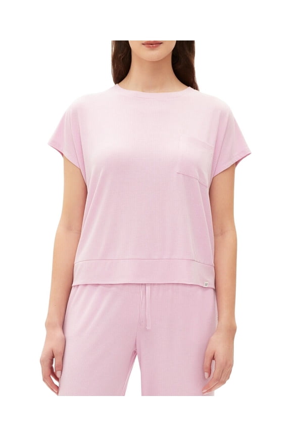 Body Womens Ribbed Short-Sleeve Pajama Sleep Shirt Butterfly Pink L