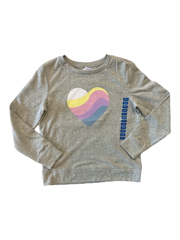 Girl's Terry Lined Long Sleeve Graphic Print Pullover Sweatshirt (Light Heather Grey/Heart, 8)