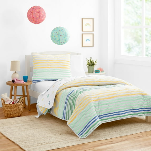 Gap Home Kids Rainbow Stripe Organic Cotton Blend Reversible Quilt Set, Twin, Green Multi, 2-Pieces