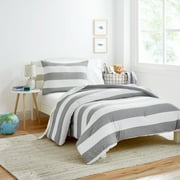 Gap Home Kids Rugby Stripe T-Shirt Soft Jersey Organic Cotton Blend Comforter Set, Twin, Gray, 2-Pieces