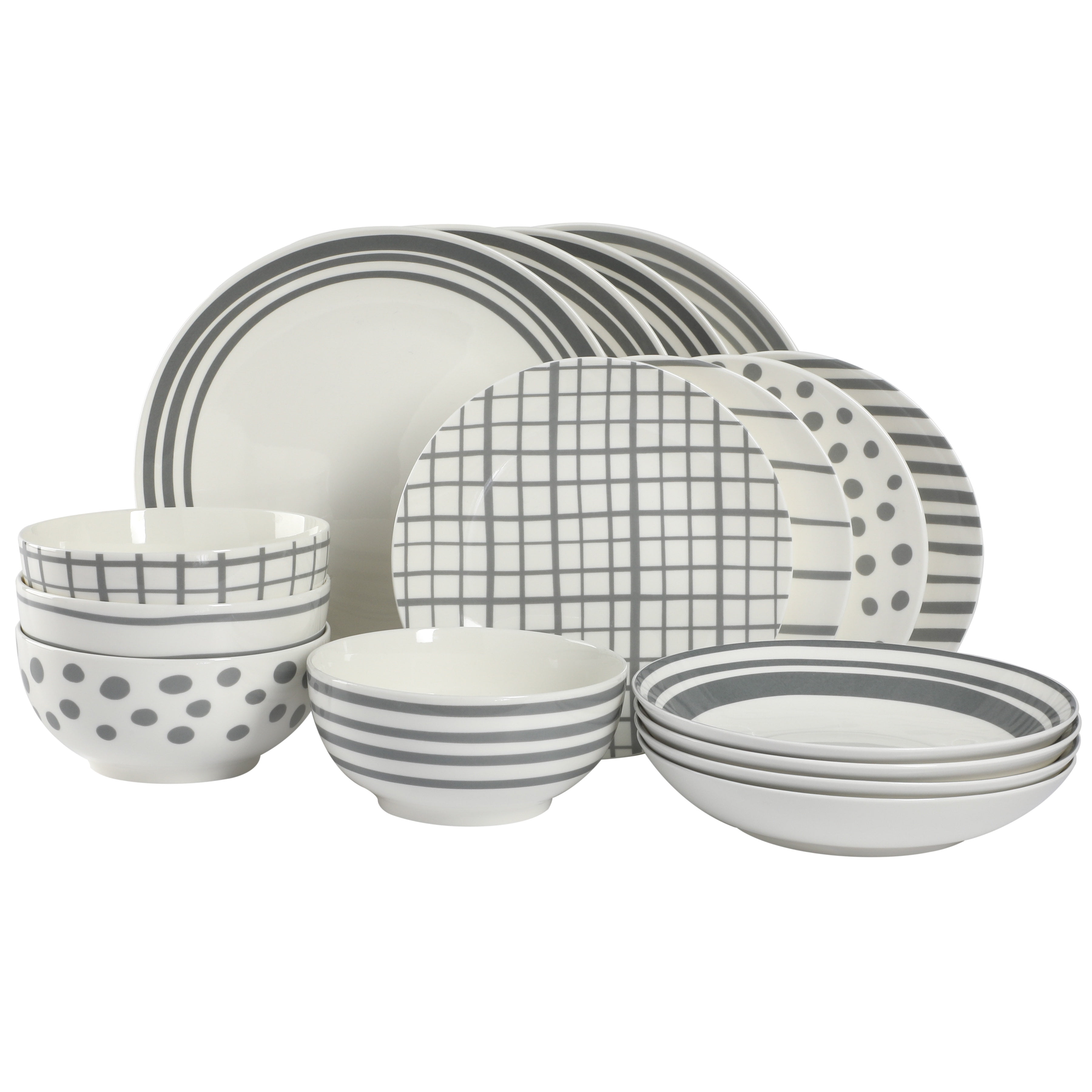 Handmade White and Black Polka Dot Ceramic 12 Piece Dinnerware Set | Pottery Tableware Service for 4 | Dinner Plates | Side Plates | Bowls 