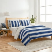 Gap Home T-Shirt Soft Rugby Stripe Jersey Organic Cotton Blend Comforter Set, King, Blue, 3-Pieces