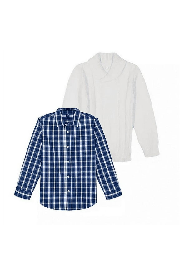Kids Boys Sweater Shirt Set (White/Blue, L)