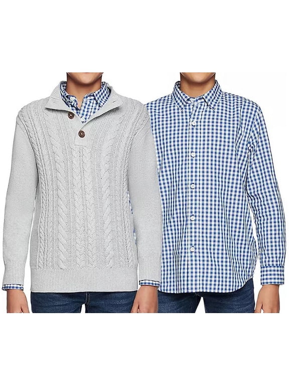 Kids Boys' Sweater and Woven Shirt Set (Grey/Blue, XL (14/16))