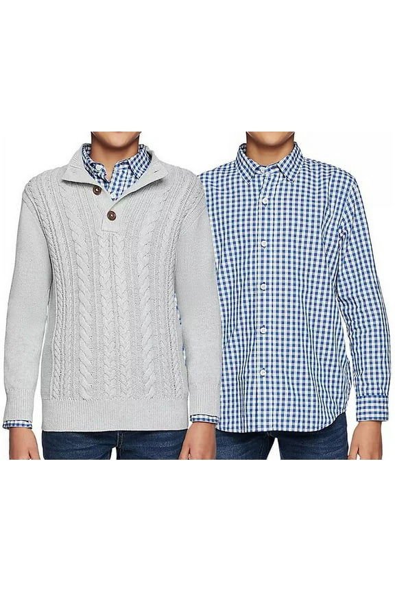 Kids Boys' Sweater and Woven Shirt Set (Grey/Blue, XL (14/16))