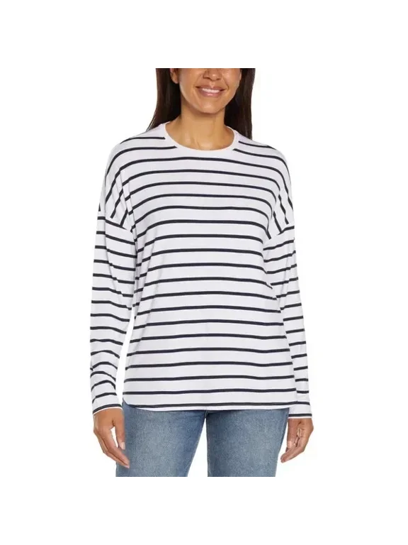 Ladies' Drop Shoulder Top, Long Sleeved, White Navy Striped, XXL