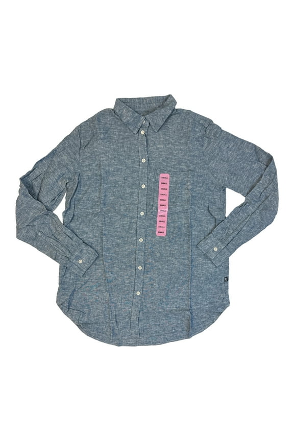 Ladies Lightweight Long Sleeve Collared Linen Button Down Top (Chambray Blue, XL)