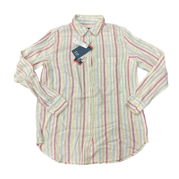 Gap Ladies Lightweight Long Sleeve Collared Linen Button Down Top (Dotted Sun Stripe, XL)