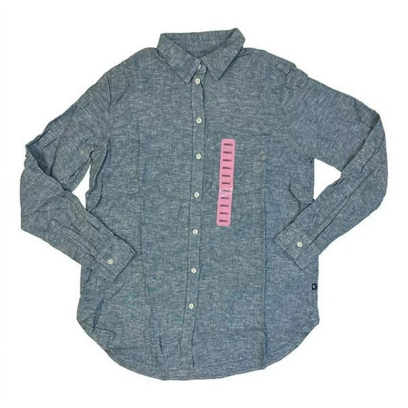 Gap Ladies Lightweight Long Sleeve Collared Linen Button Down Top (Chambray Blue, L)