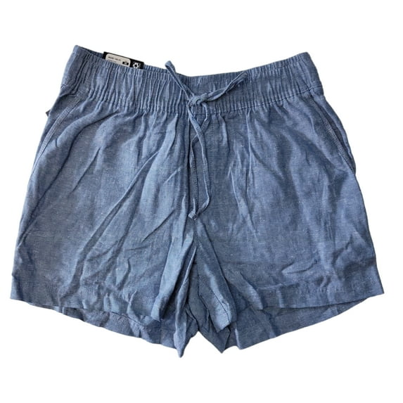 Gap Ladies Linen Easy Pull-On Front Tie Front and Back Pockets Short (Blue Crosshatch, XL)
