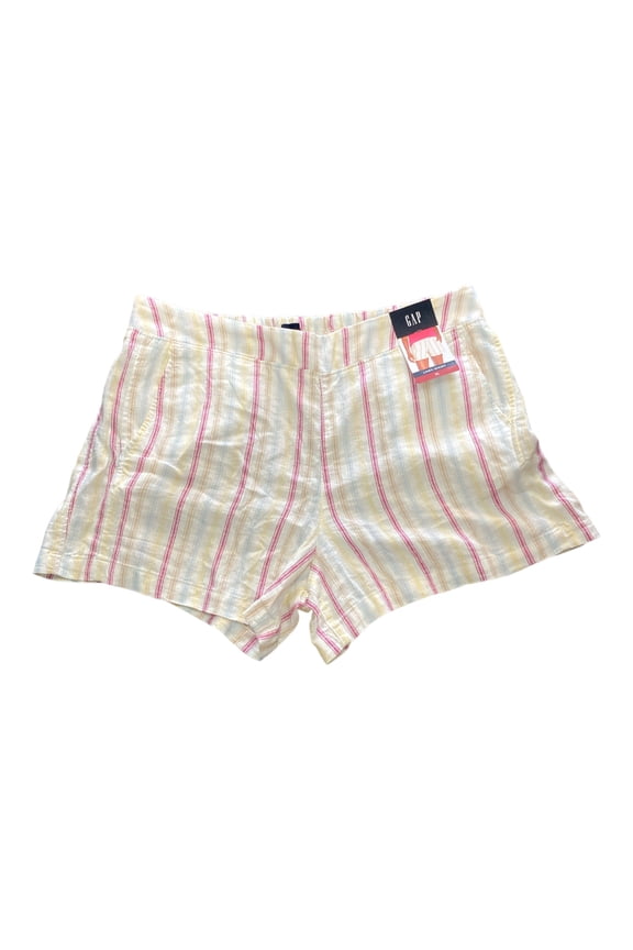 Ladies Linen Lightweight Breathable Pull On Elastic Waistband Short (Dotted Sun Stripe, L)