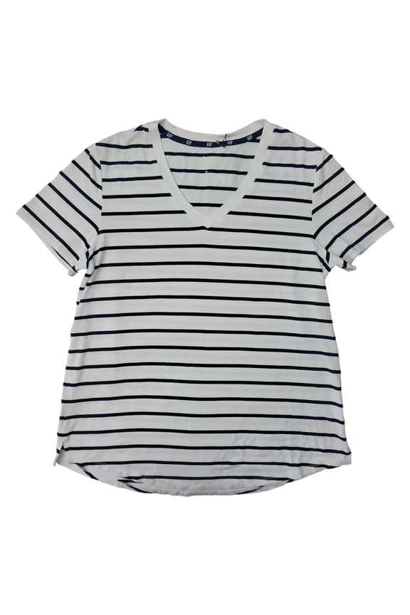 Ladies Machine Washable Relaxed Easy Fit Short Sleeve V-Neck Tee (Midnight Stripe, XS)