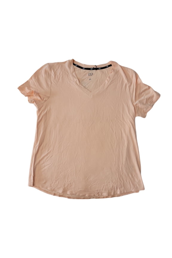 Ladies Machine Washable Relaxed Easy Fit Short Sleeve V-Neck Tee (Peach Parfait, XS)