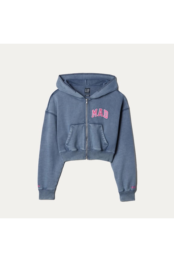 Madhappy Womens Large Cropped Full Zip Acid Wash Blue Pink Hoodie Size XS