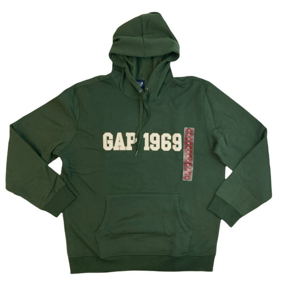 Gap Men's Applique Fleece 1969 Logo Pullover Hoodie W/ Kangaroo Pocket (Olive, L)